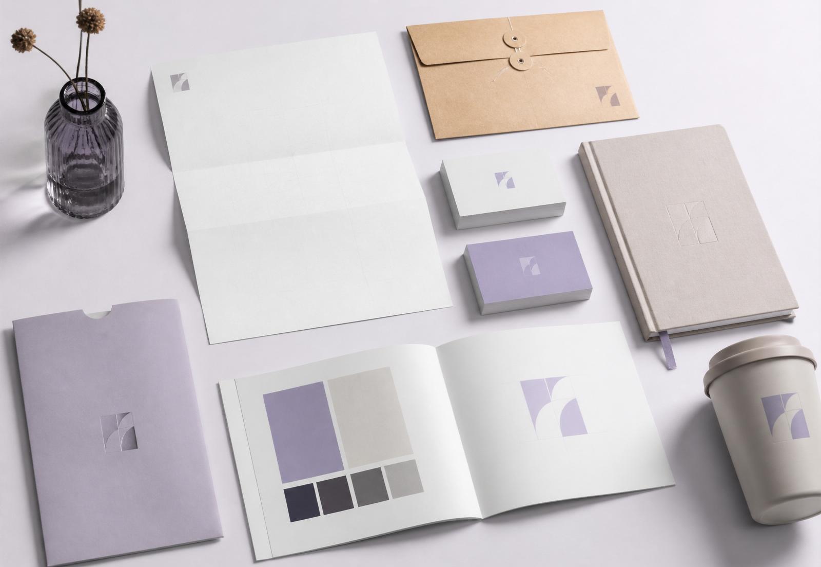 Brand identity presentation featuring business cards, letterhead, envelope, notebook and brand guideline pages
