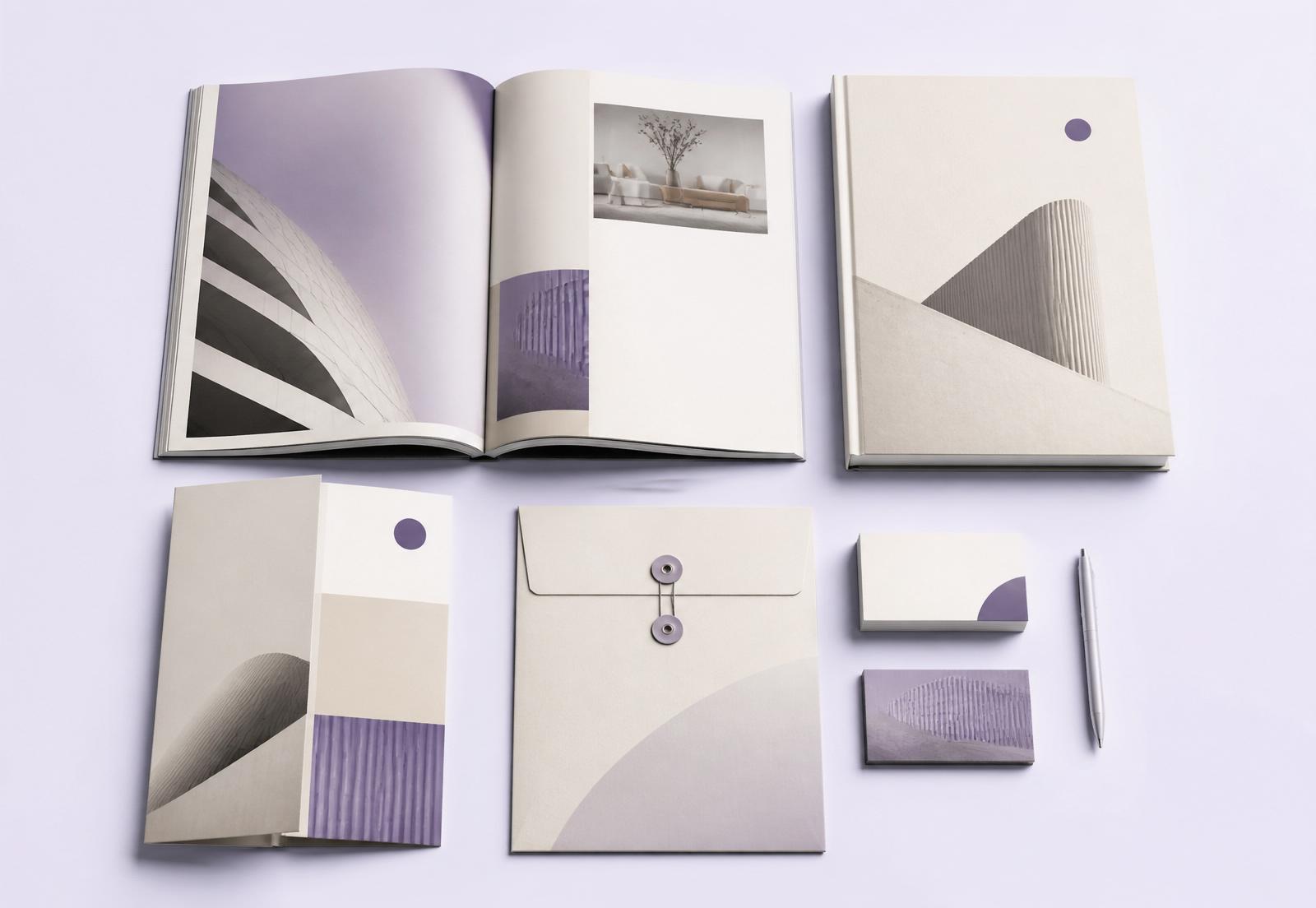 Corporate communication suite featuring brochure spreads, annual report, folder and stationery
