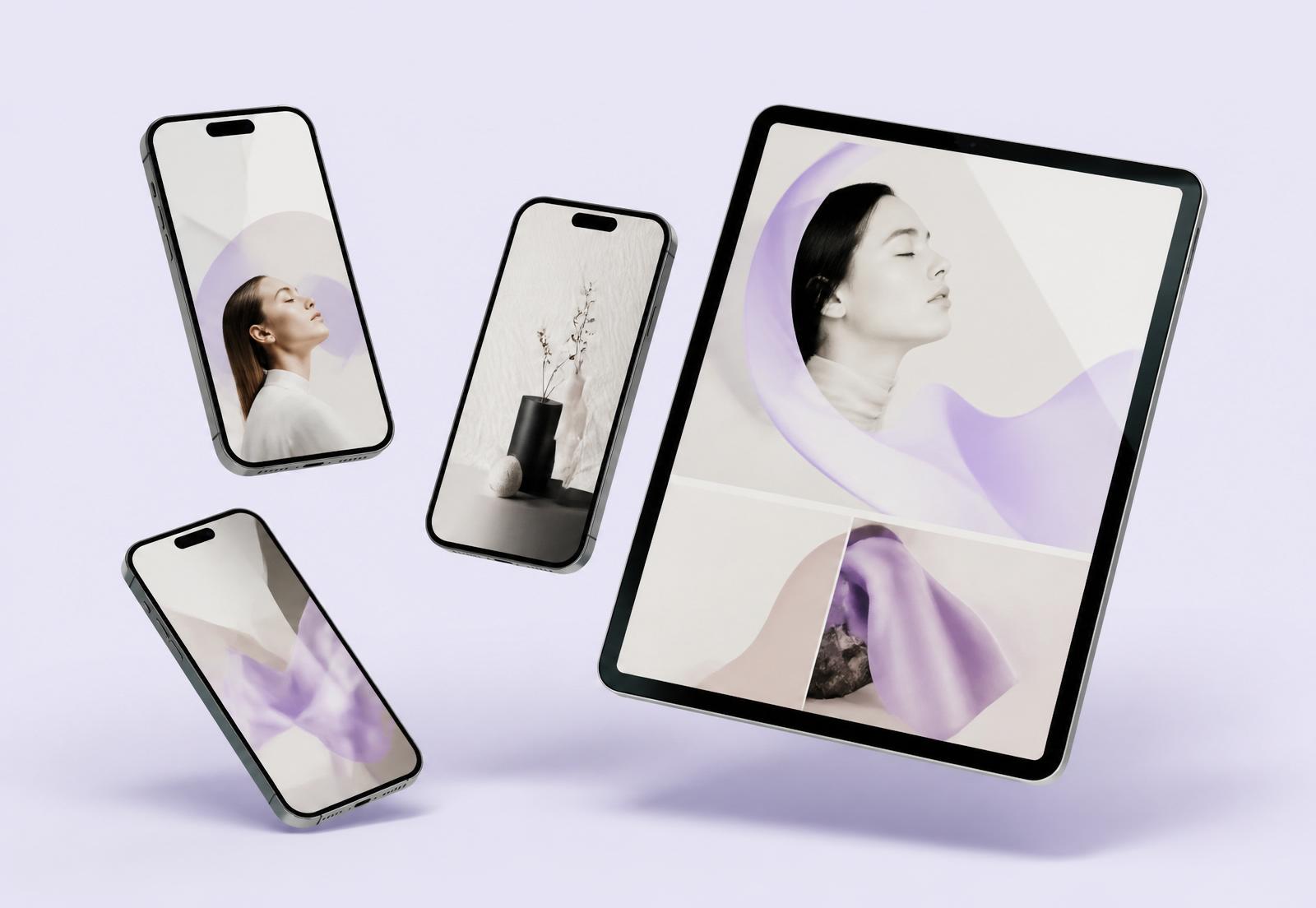 Web design mockups on floating phones and tablet showing editorial digital layouts